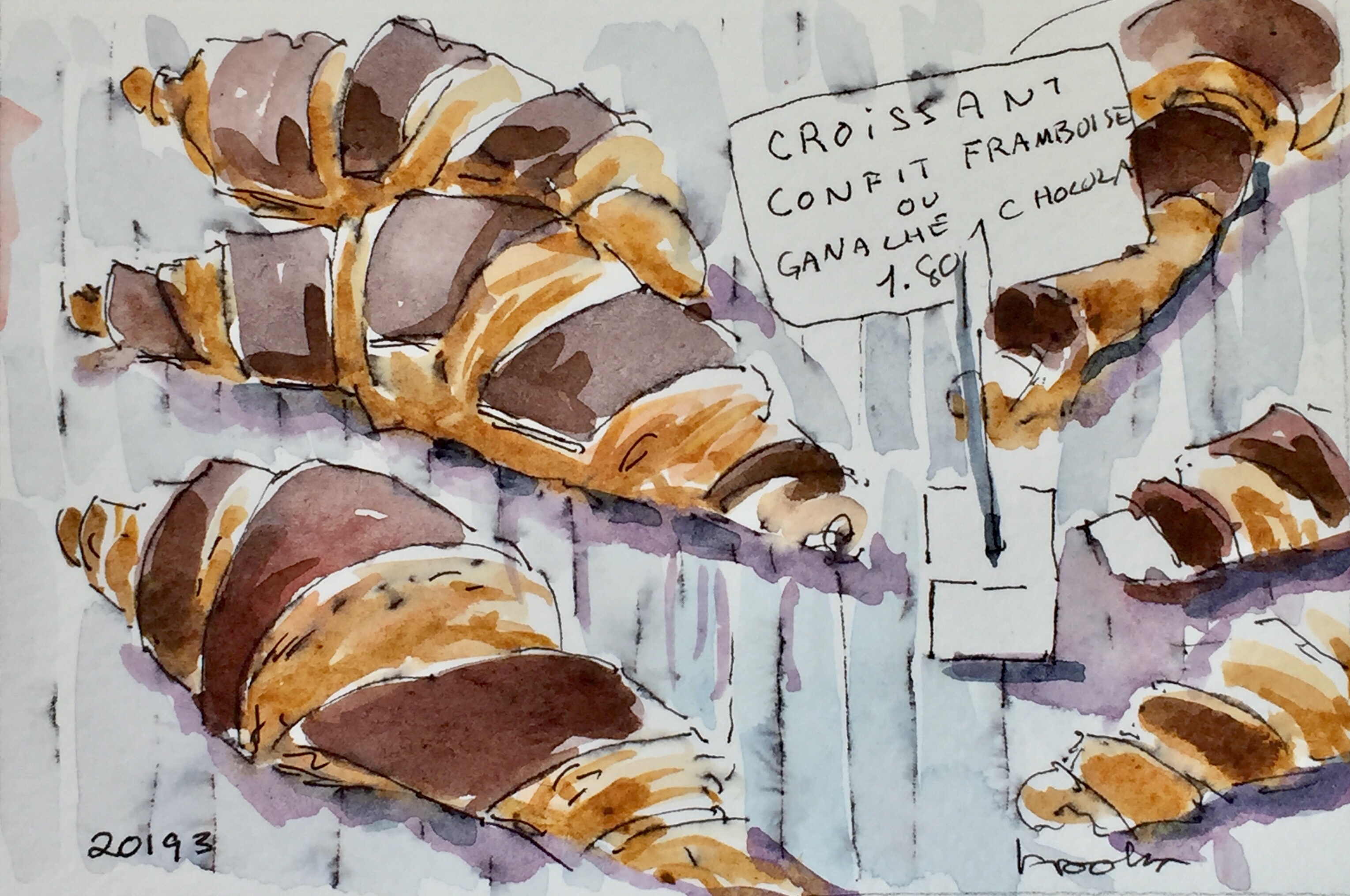 a pen and ink and watercolor of parisian croissants