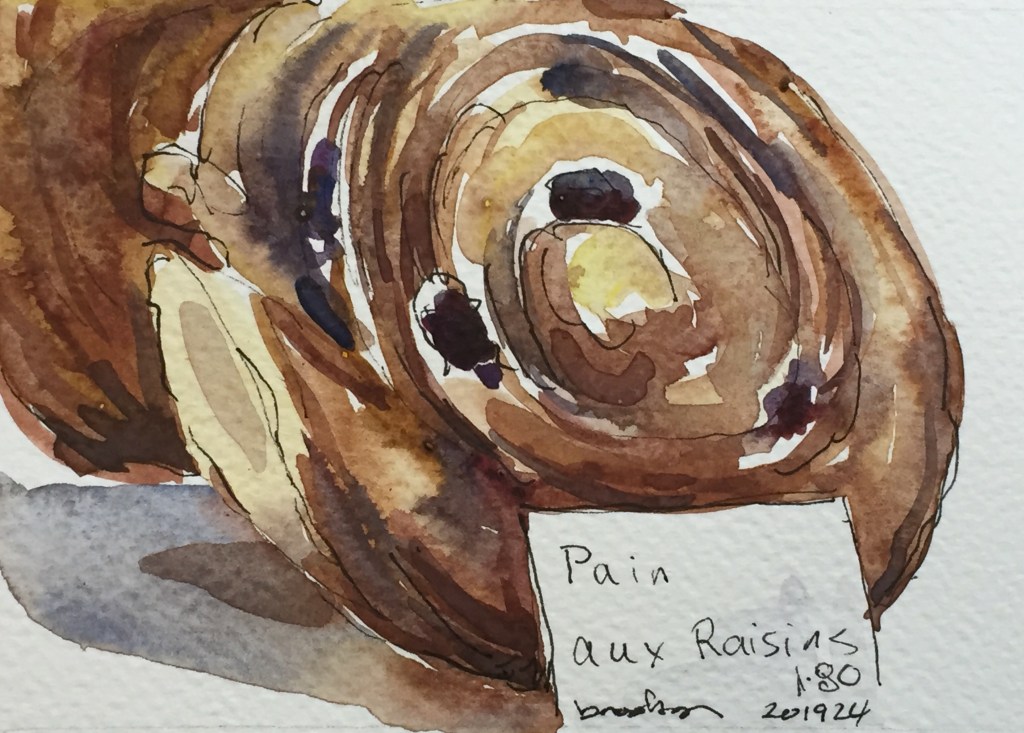 n 201924 - Pain aux Raisin- postcard-sized illustration - ink and watercolor
