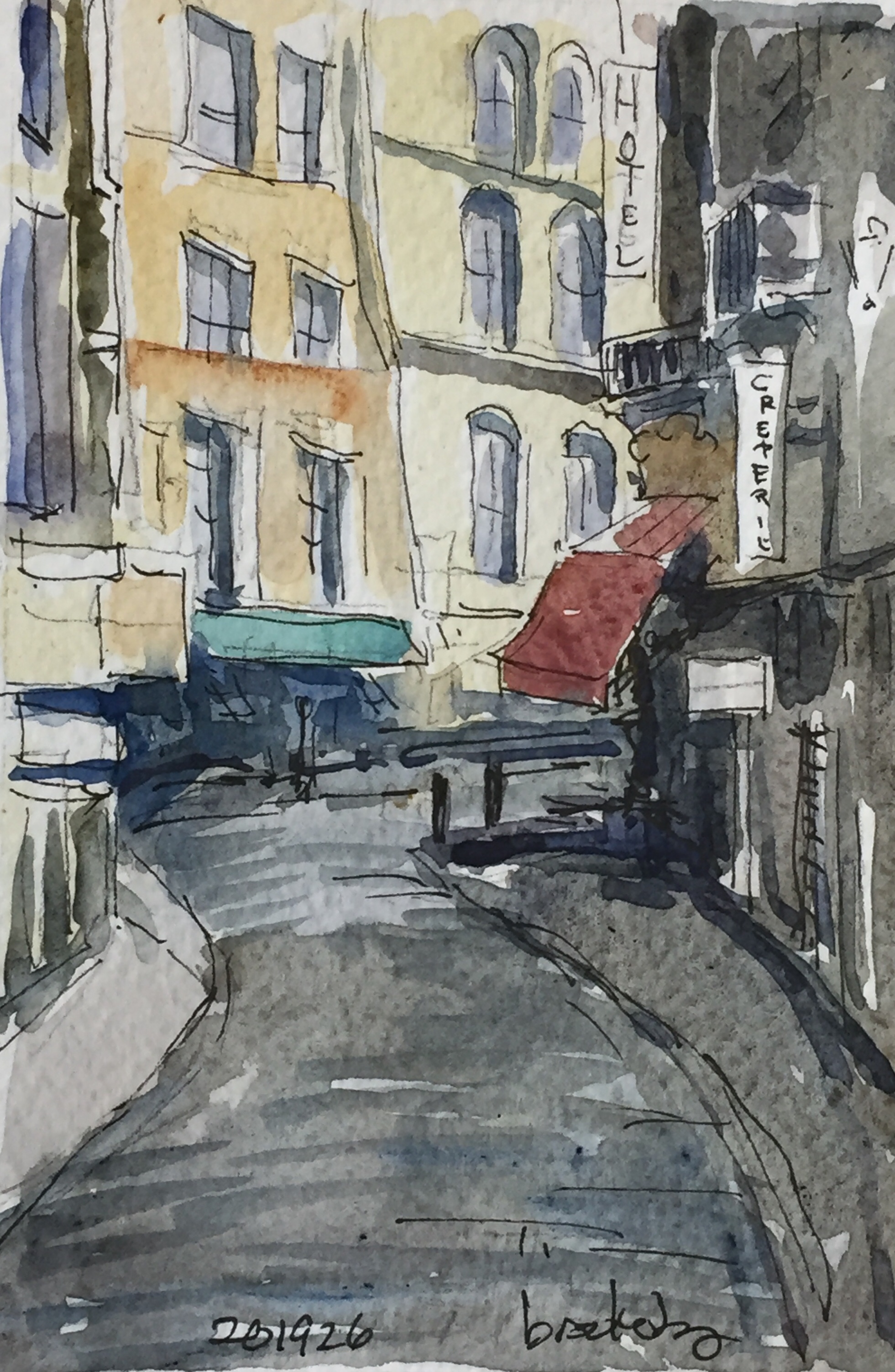 n 201926 - Rue de l'Harpe- postcard-sized illustration - ink and watercolor