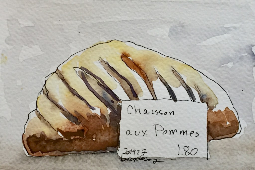 n 201927 - Chausson aux Pommes - postcard-sized illustration - ink and watercolor