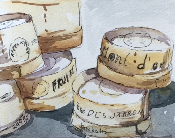 ink and watercolor illustration of french cheese by Angie Brooksby