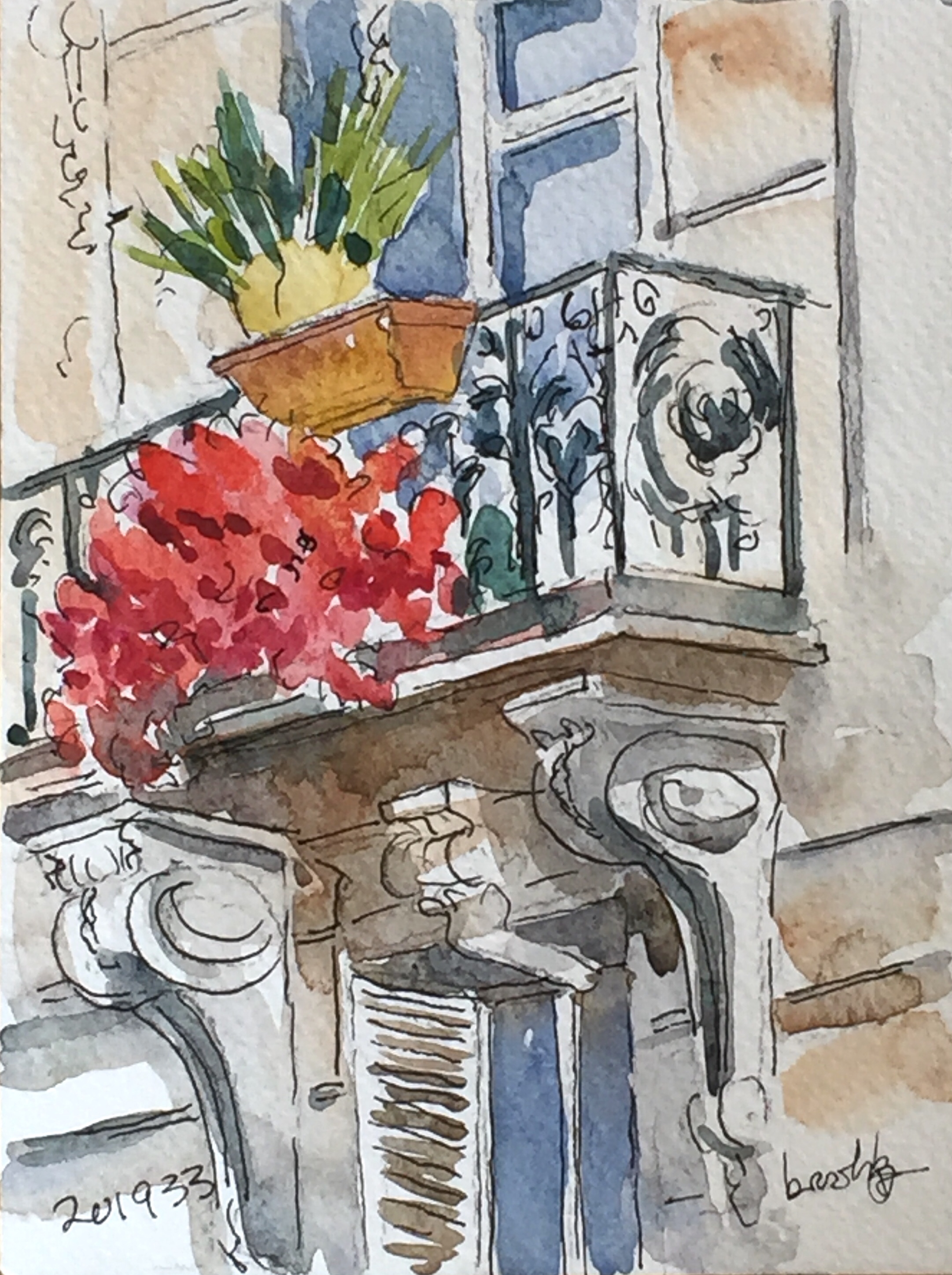 201933 Balcon Parisien Fleuri - postcard-sized illustration - ink and watercolor on archival paper