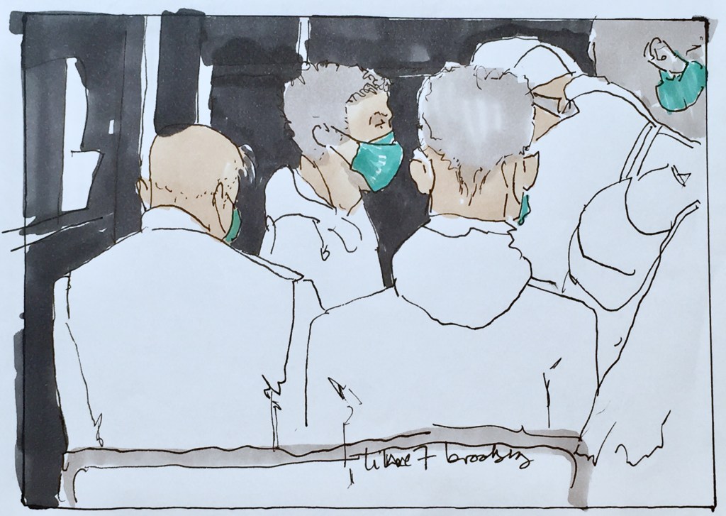 an original illustration of masked parisians on the metro during covid