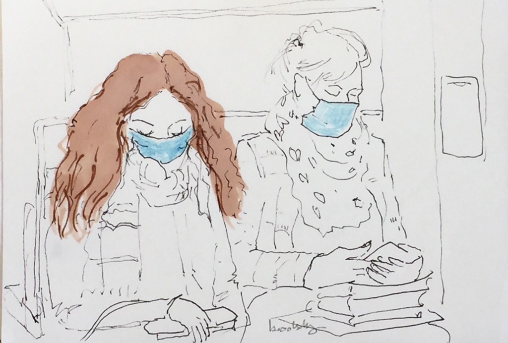 a pen and ink illustration of Parisians on the Metro