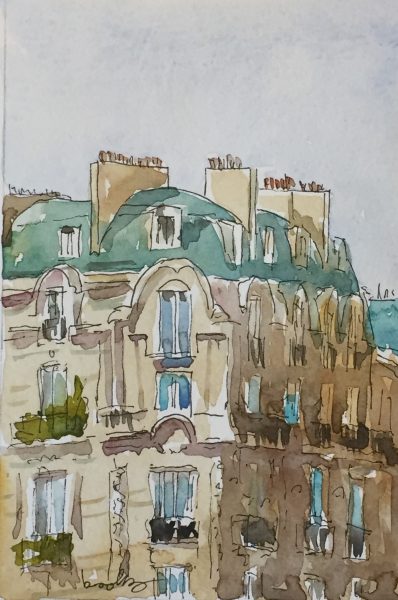 Ink and watercolor illustrations of buildings in paris