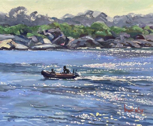oil painting of two guys on a zodiac boat by Angie Brooksby