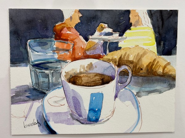 original watercolor sketch of a a couple and their dog with a giant cup of coffee and a croissant