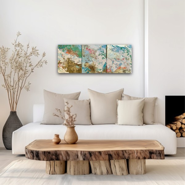 abstract tryptic, acrylic and gold leaf on canvas by Angie Brooksby