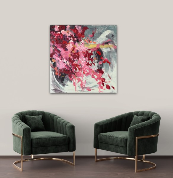 abstract landscape acrylic and gold leaf painting of cascading bougainvillea by Angie Brooksby