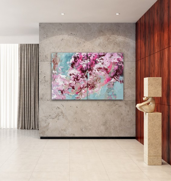 abstract landscape acrylic and gold leaf painting of cascading bougainvillea by Angie Brooksby
