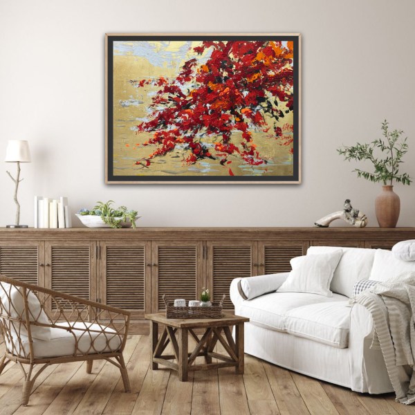 abstract landscape acrylic and gold leaf painting of cascading red roses by Angie Brooksby