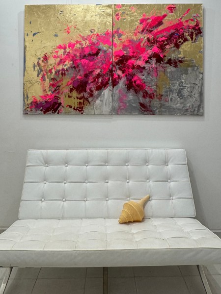 abstract landscape acrylic and gold leaf painting of cascading bougainvillea by Angie Brooksby