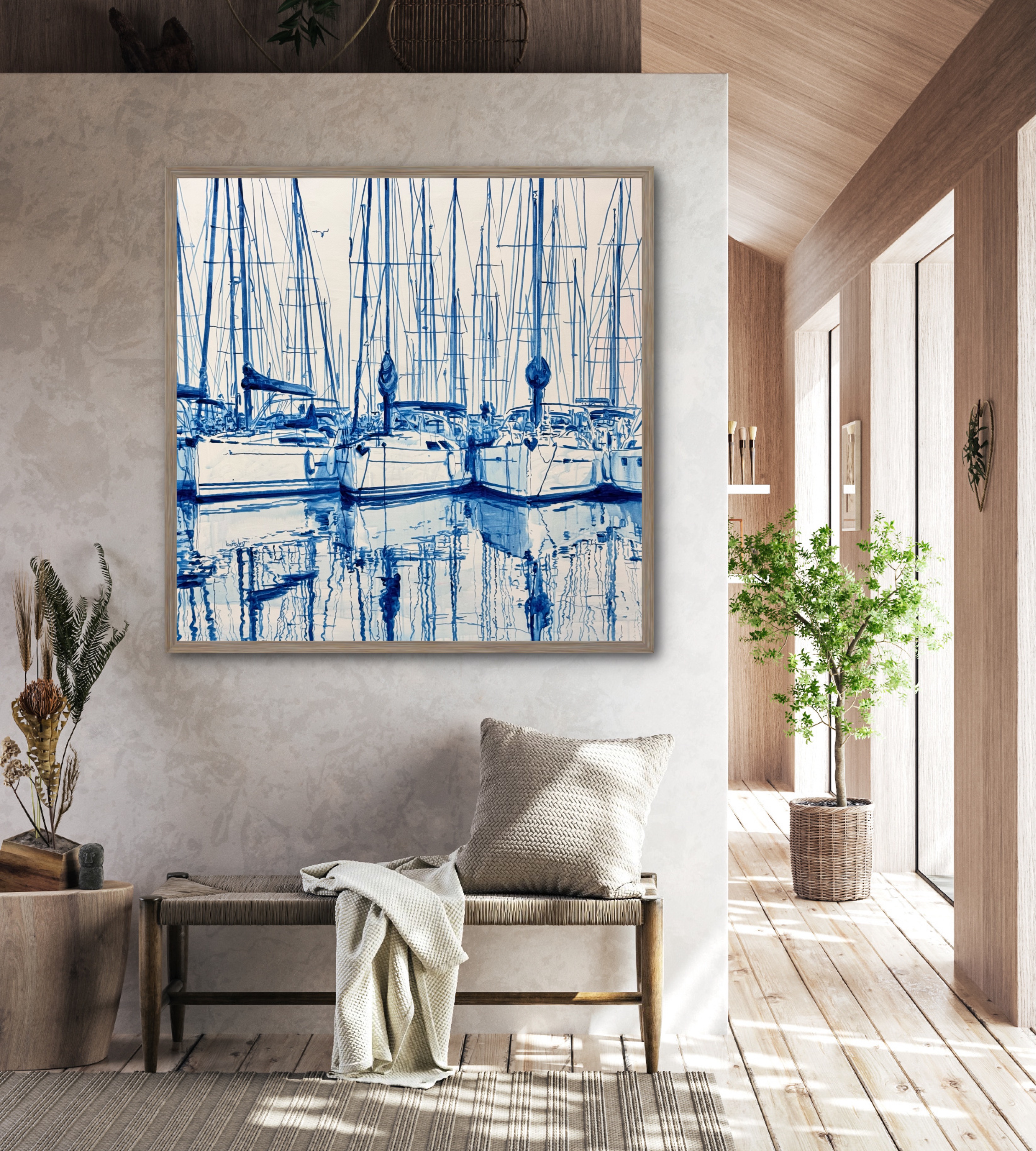acrylic painting of blue boats by Angie Brooksby