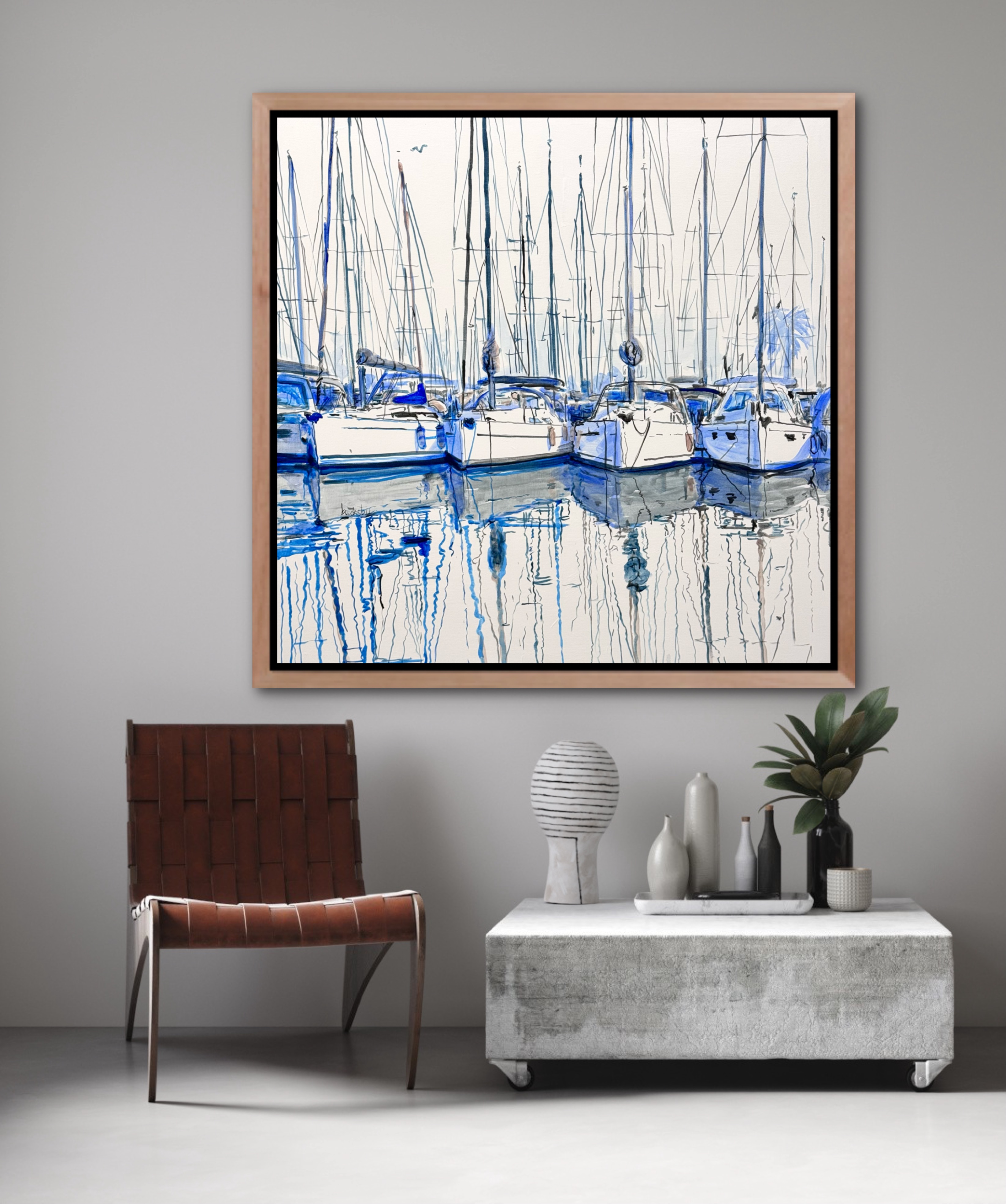 painting of sailboats in mediterranean marina, contemporary impressionism, monochrome in blues, by Angie Brooksby